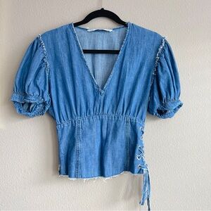 Poplin Puff Denim Top